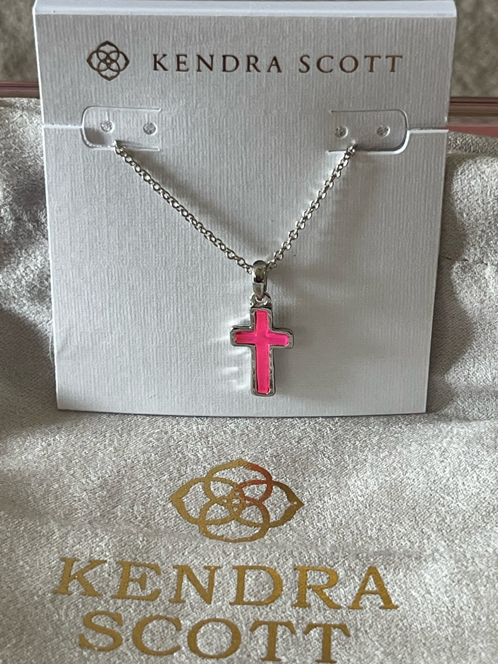 Kendra Scott Cross Silver Rhodium Vibrant Pink Dichroic Glass Necklace